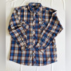 Men's Casual Plaid Button-Down Shirt in Blue and Brown